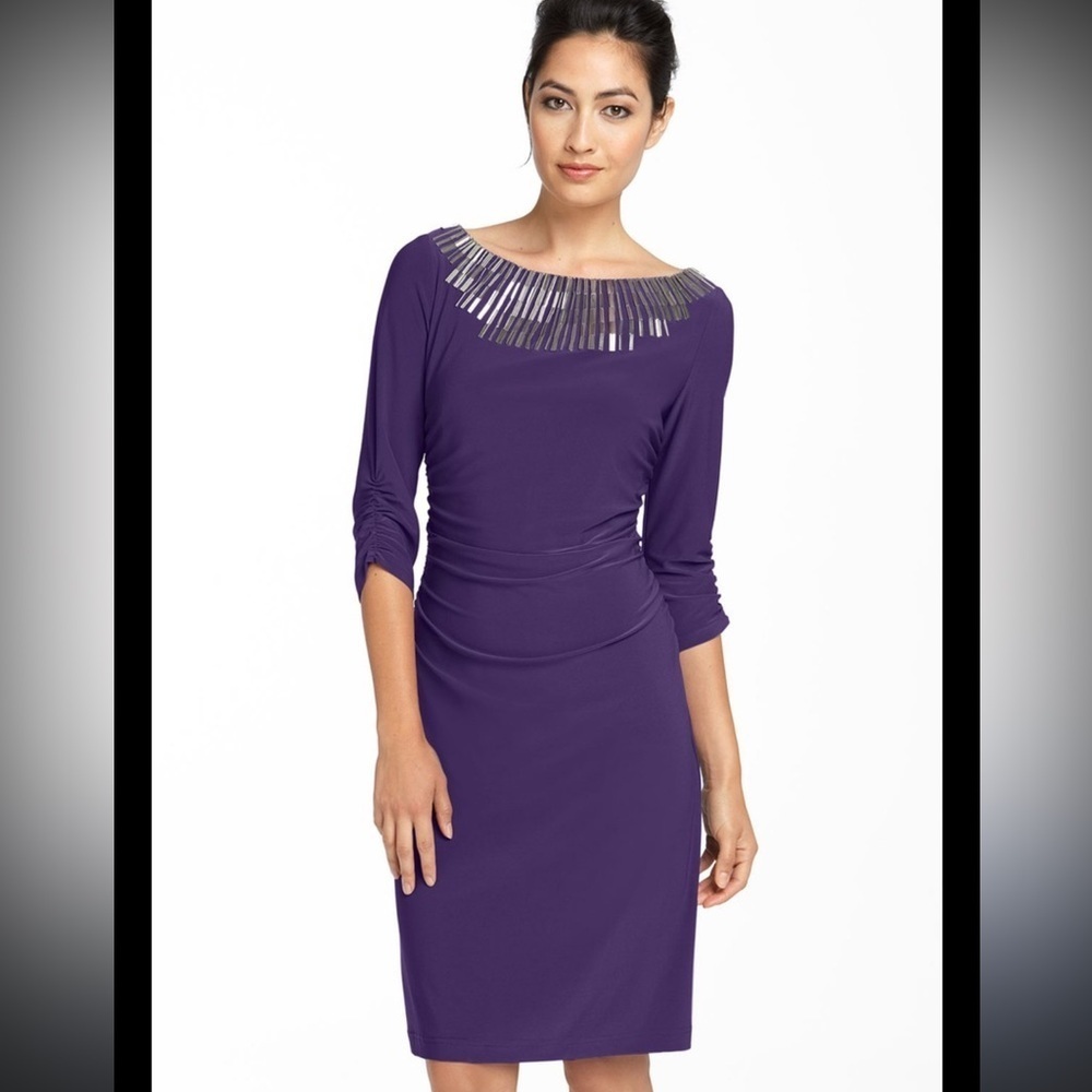 Adrianna Papell Purple Embellished Ruched Sheath Dress wedding prom